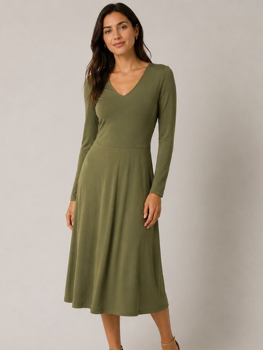 Alfani V-Neck Ballet-Style Midi Dress in Olive, Size M